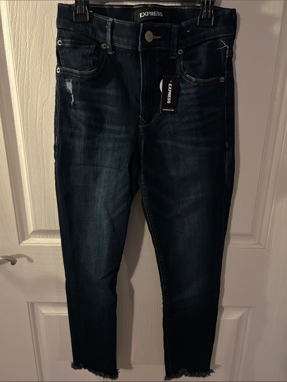 Express Dark Indigo Skinny Jeans with Frayed Hem 2S 2Short